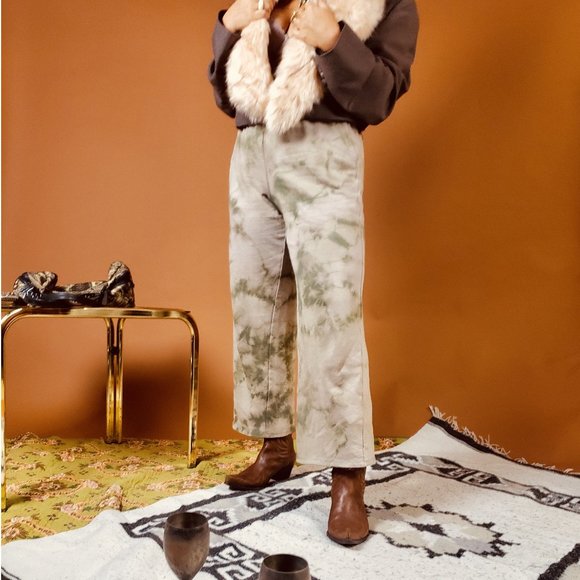 CLEARANCE * Custom Olive Green Tie Dye Comfy Drawstring Wide Leg Lounge Pants - Picture 1 of 6